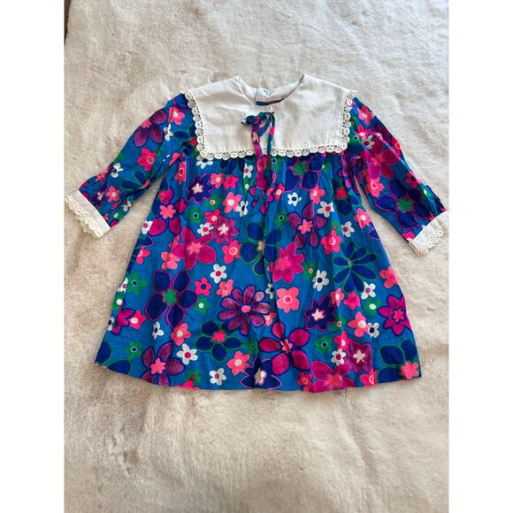 Vintage Bright Blue Pink Mod Floral Dress Size 3 - Picture 2 of 6